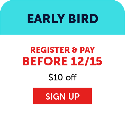Promotional graphic with text: EARLY BIRD. REGISTER & PAY BEFORE 12/15 for Vetta Sports youth soccer league registration. $10 off. A red SIGN UP button is at the bottom.