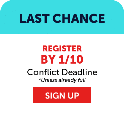 A graphic with text: LAST CHANCE. REGISTER BY 1/10 for Vetta Sports youth soccer league registration. Conflict Deadline *Unless already full. Below is a red button labeled SIGN UP. The background is blue and white.