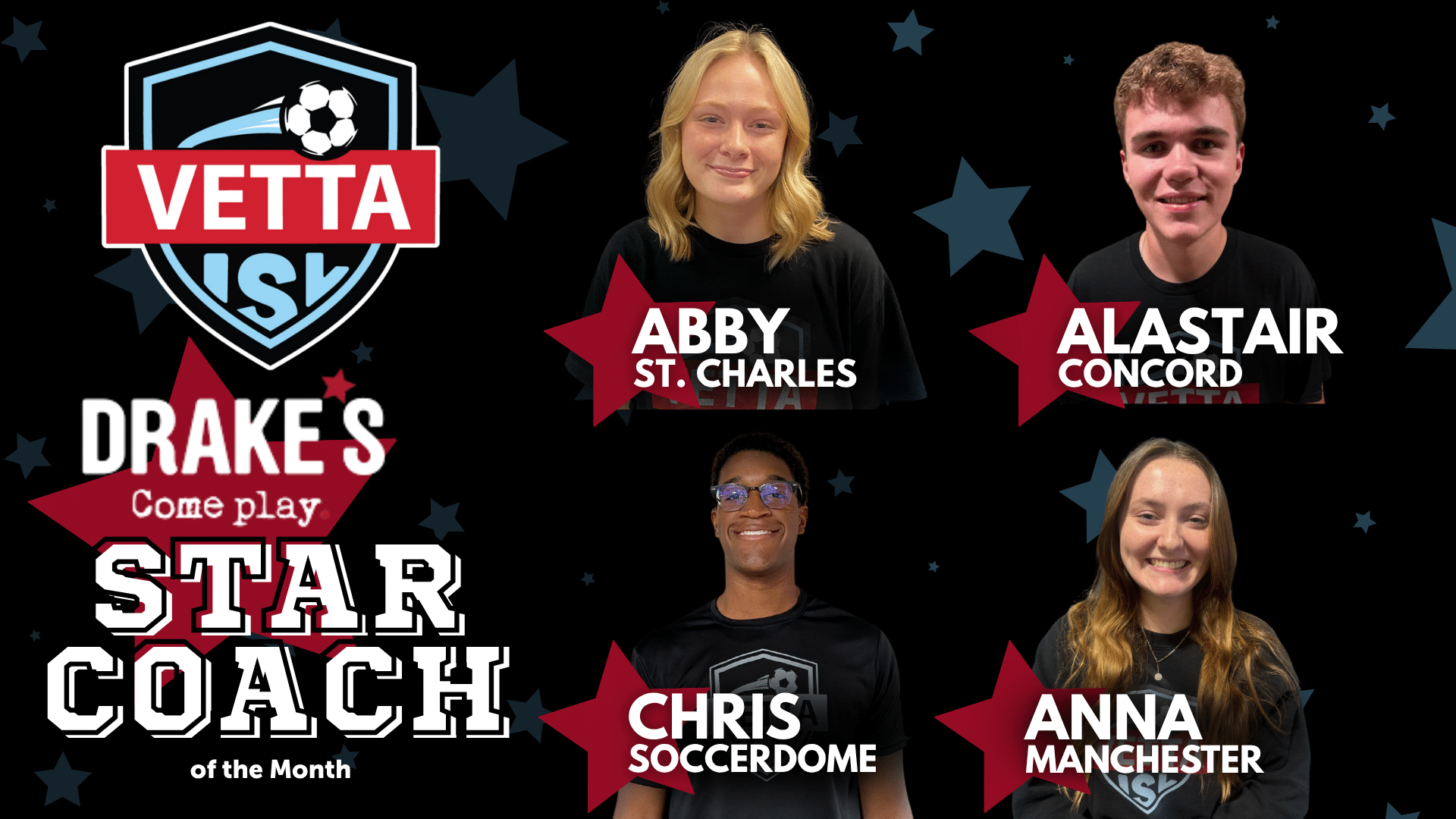 Four coaches shine under a “Drake’s ISL Coach of the Month” banner with stars and the Vetta logo. Abby (St. Charles), Alastair (Concord), Chris (Soccerdome), and Anna (Manchester) are recognized for their outstanding contributions.