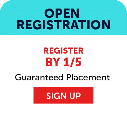 Graphic with the text: OPEN REGISTRATION. REGISTER BY 1/5 for Vetta Sports youth soccer league registration. Guaranteed Placement. Below is a red button labeled SIGN UP. The background is white and light blue.