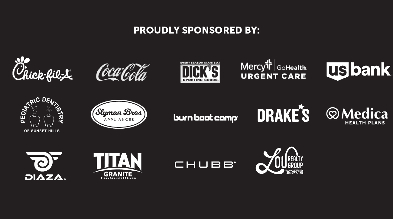 A black background with logos of various sponsors, including Chick-fil-A, Coca-Cola, Dicks Sporting Goods, Mercy Urgent Care, US Bank, and others, displayed in white under the heading Proudly Sponsored By:.