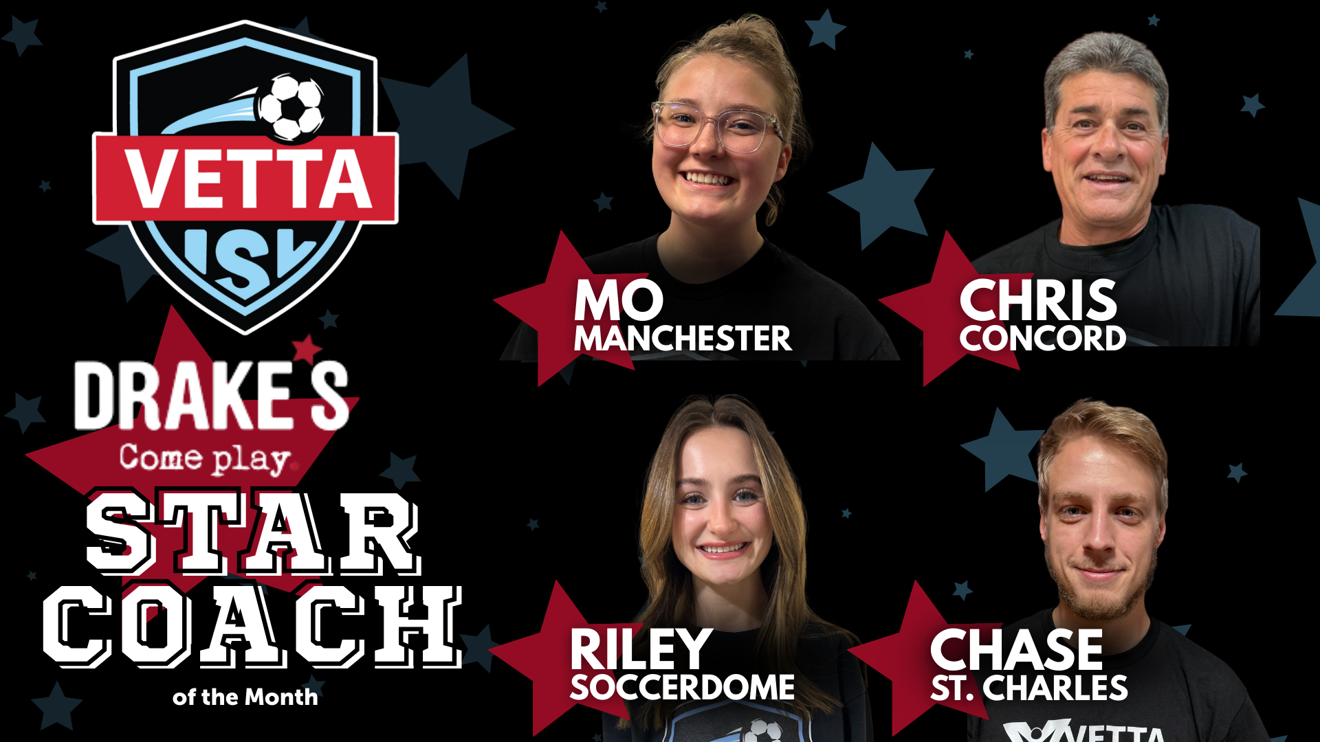 Four coaches shine under a “Drake’s ISL Coach of the Month” banner with stars and the Vetta logo. Abby (St. Charles), Alastair (Concord), Chris (Soccerdome), and Anna (Manchester) are recognized for their outstanding contributions.