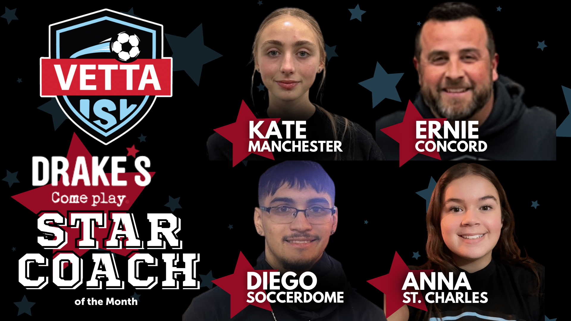 Four coaches shine under a “Drake’s ISL Coach of the Month” banner with stars and the Vetta logo. Abby (St. Charles), Alastair (Concord), Chris (Soccerdome), and Anna (Manchester) are recognized for their outstanding contributions.