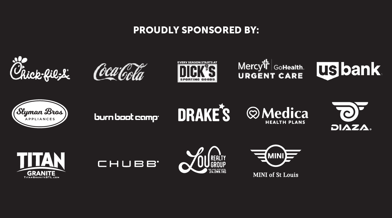 A black background with the text Proudly Sponsored By: above logos of sponsors including Chick-fil-A, Coca-Cola, Dick’s Sporting Goods, Mercy, US Bank, and several others in white.