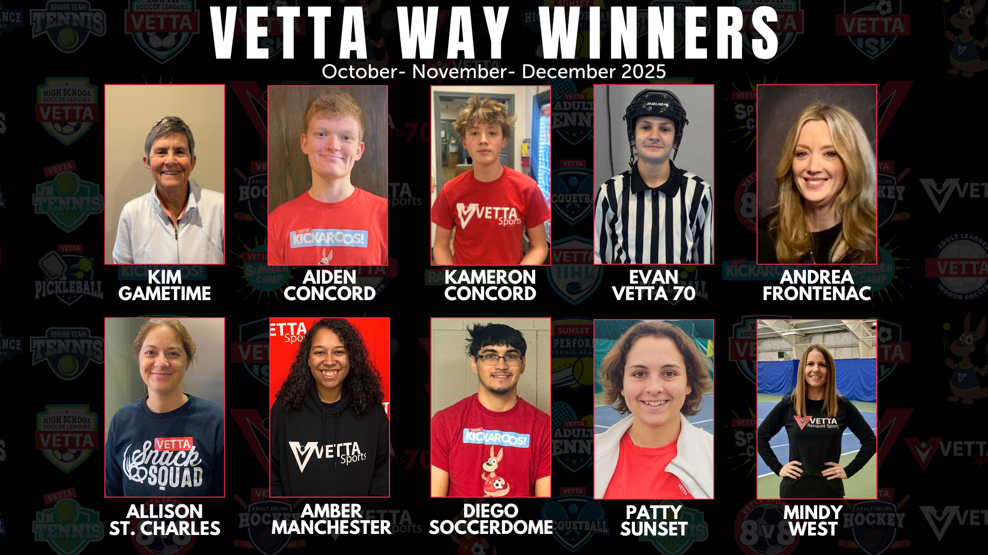 A collage titled Q3 Vetta Way Winners October - November - December 2025 showcases photos of ten smiling individuals, with their names and locations listed, proudly celebrating their achievements.