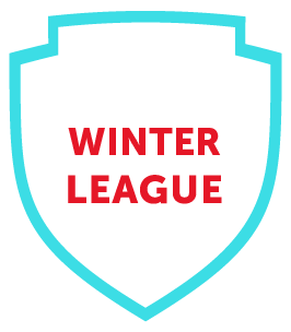 A white shield outlined in light blue with the words WINTER LEAGUE in bold red capital letters in the center, representing Vetta Sports youth soccer league registration.