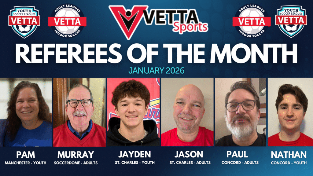 A Vetta Sports banner reads “Referees of the Month January 2026” above headshots of six referees—Pam, Murray, Jayden, Jason, Paul, and Nathan—each honored like our December Vetta Sports Referee of the Month with their league and location listed below.