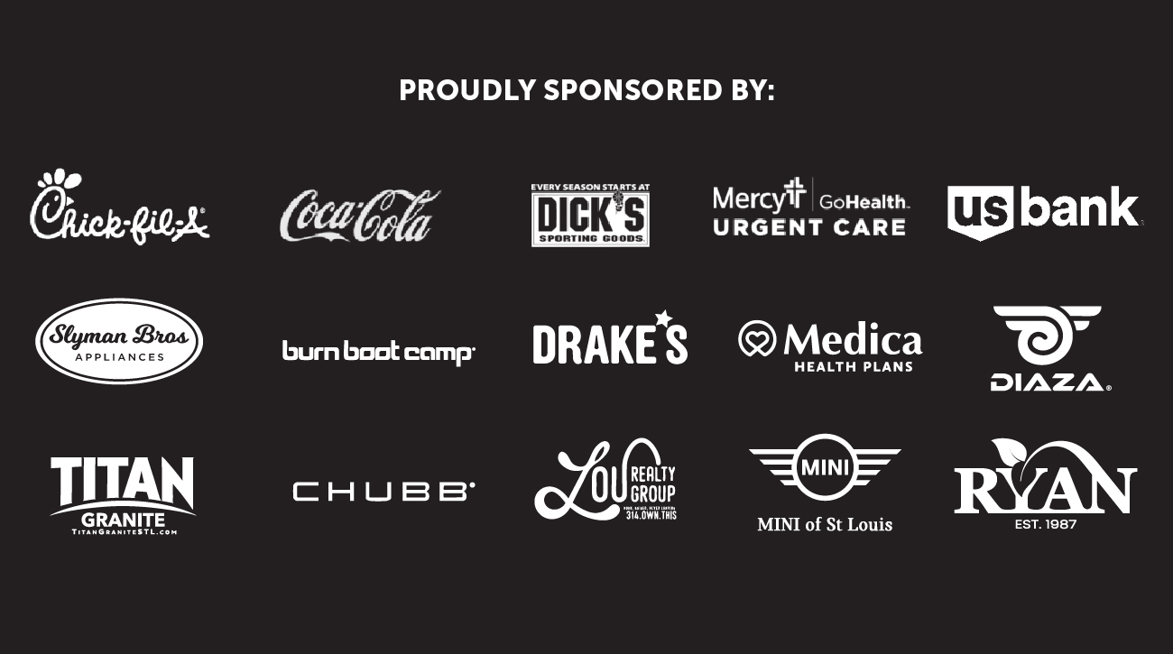 A black background features the text Proudly Sponsored By: above 15 white sponsor logos, including Chick-fil-A, Coca-Cola, Dick’s Sporting Goods, Mercy, US Bank, and others, arranged in three rows.