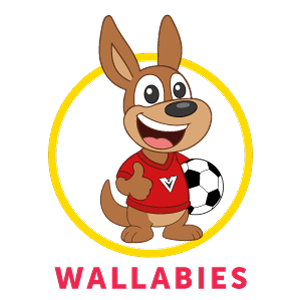 Cartoon kangaroo wearing a red shirt gives a thumbs up and stands with a soccer ball, inside a yellow circle. The word WALLABIES is written in bold pink letters below.