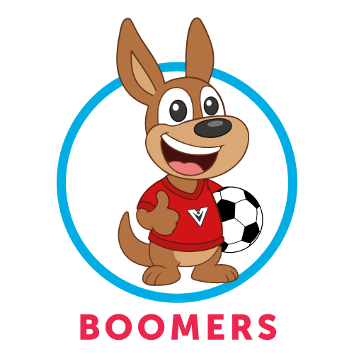 Cartoon kangaroo wearing a red shirt gives a thumbs up and stands with a soccer ball, inside a yellow circle. The word WALLABIES is written in bold pink letters below.