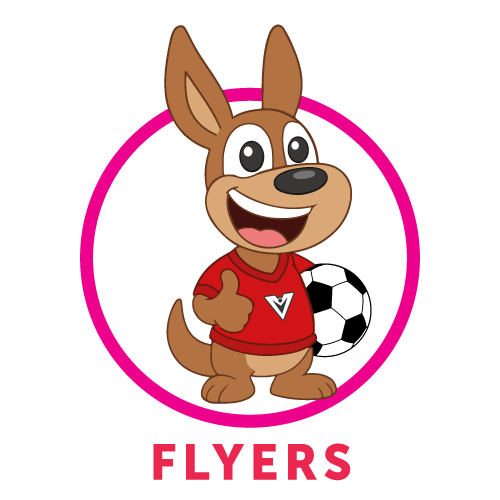 Cartoon kangaroo wearing a red shirt gives a thumbs up and stands with a soccer ball, inside a yellow circle. The word WALLABIES is written in bold pink letters below.
