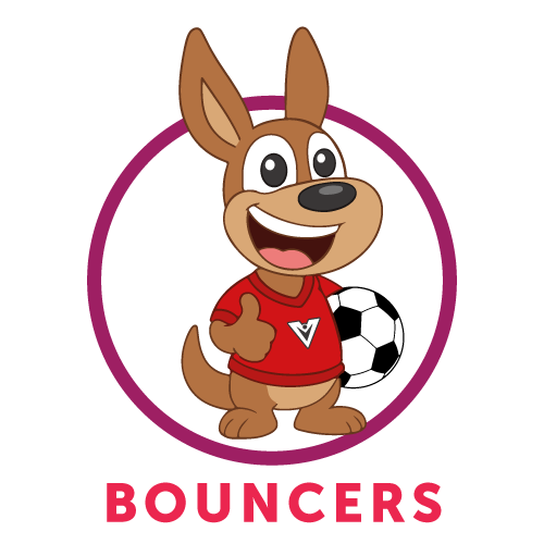 Cartoon kangaroo wearing a red shirt gives a thumbs up and stands with a soccer ball, inside a yellow circle. The word WALLABIES is written in bold pink letters below.
