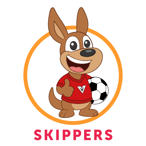 Cartoon kangaroo wearing a red shirt gives a thumbs up and stands with a soccer ball, inside a yellow circle. The word WALLABIES is written in bold pink letters below.