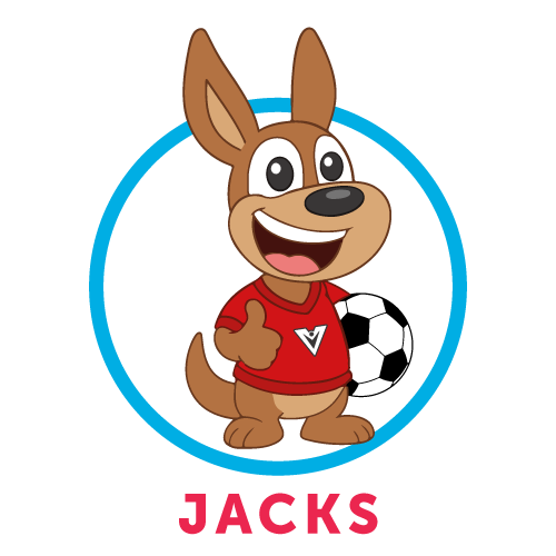 Cartoon kangaroo wearing a red shirt gives a thumbs up and stands with a soccer ball, inside a yellow circle. The word WALLABIES is written in bold pink letters below.