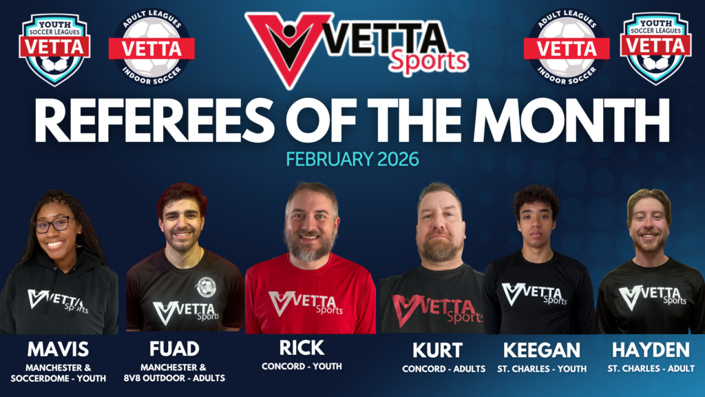 Six referees stand smiling in Vetta Sports shirts under the “Referees of the Month” banner for January and February 2026, each labeled with their name, location, and league in front of a blue background with Vetta Sports logos.