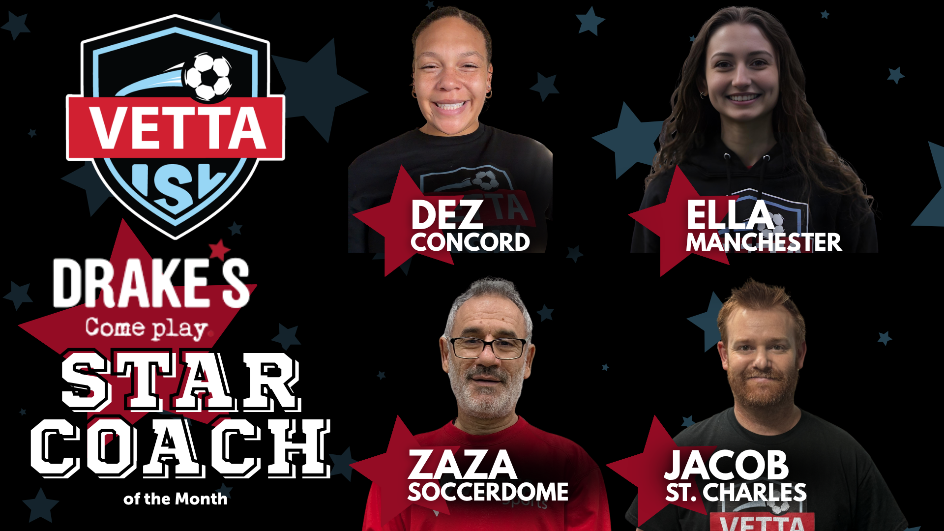 Four coaches—Dez (Concord), Ella (Manchester), Zaza (Soccerdome), and Jacob (St. Charles)—are featured with their photos and names under the Vetta ISL Drake’s Star Coach of the Month banner on a starry background.