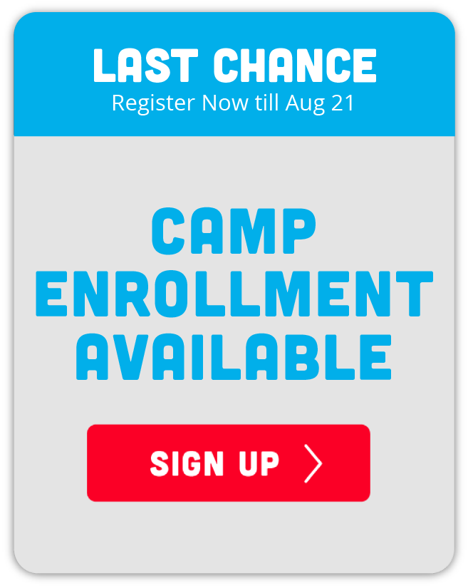 A promotional graphic reads Last Chance. Register Now till Aug 21 for Vetta Sports Summer Camp. Camp Enrollment Available with a red Sign Up button below. The text is in blue and white on a gray background.