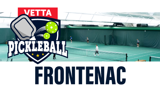 A large Vetta Pickleball logo appears over an indoor tennis court with people playing. The word Frontenac is displayed in bold letters at the bottom.