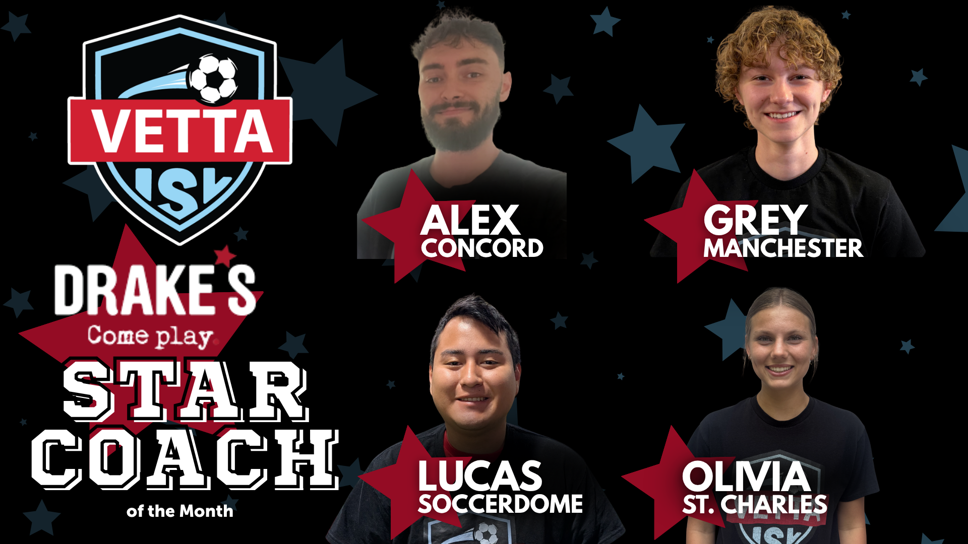 Four smiling coaches in black shirts—Alex (Concord), Grey (Manchester), Lucas (Soccerdome), and Olivia (St. Charles)—celebrate as ISL Coach of the Month with the Vetta Sports logo on a starry, black background.
