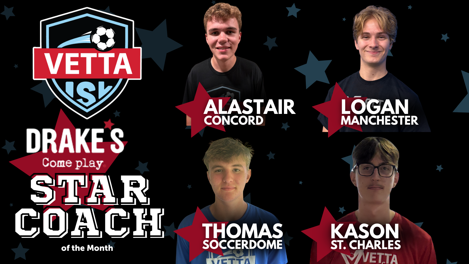 Four smiling coaches in black shirts—Alex (Concord), Grey (Manchester), Lucas (Soccerdome), and Olivia (St. Charles)—celebrate as ISL Coach of the Month with the Vetta Sports logo on a starry, black background.