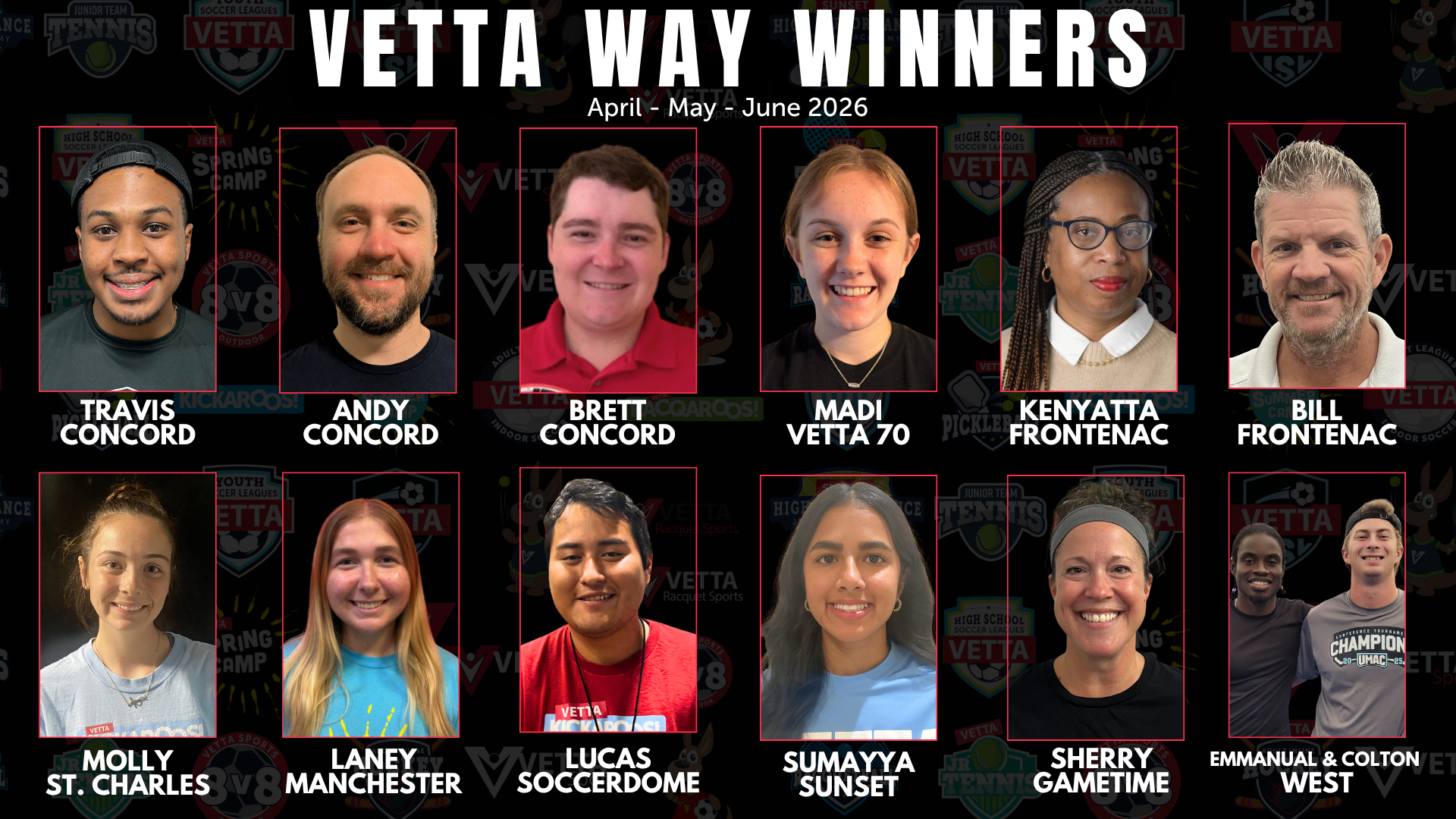 A collage of ten smiling people, each labeled with their name and location, under the title Vetta Way Winners January - February - March 2026 on a dark background with faint sports-themed logos.
