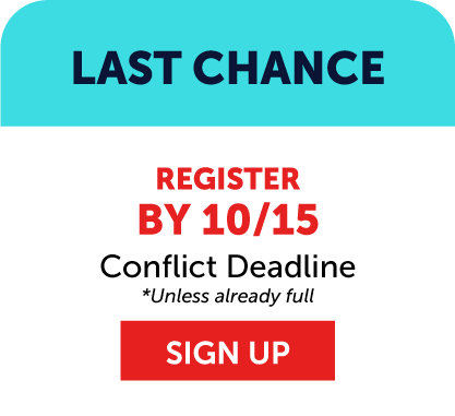 Graphic with text: “Last Chance. Register by 10/15. Conflict Deadline *Unless already full.” A red button at the bottom says “Sign Up.” Perfect for Vetta Sports youth soccer league registration. Blue and white background, bold text.