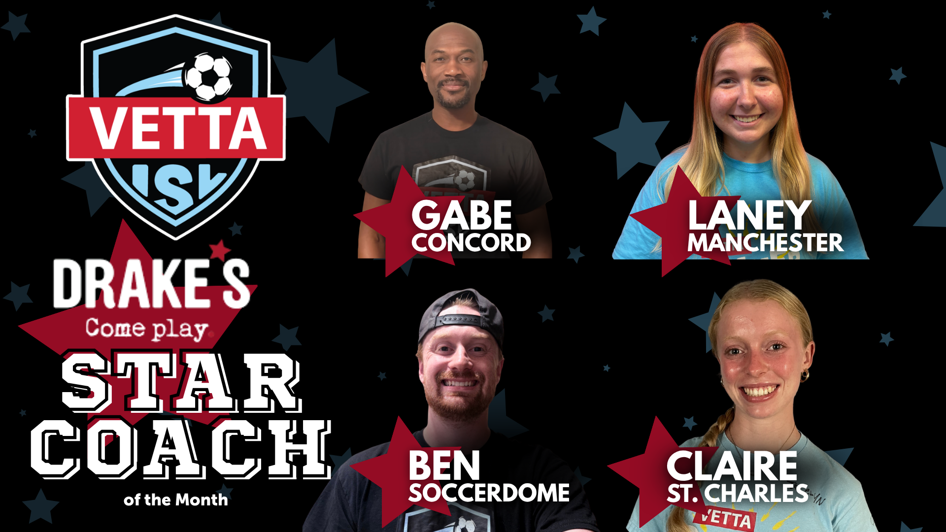 Four smiling coaches in black shirts—Alex (Concord), Grey (Manchester), Lucas (Soccerdome), and Olivia (St. Charles)—celebrate as ISL Coach of the Month with the Vetta Sports logo on a starry, black background.
