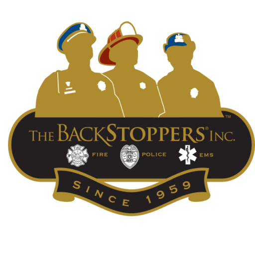 Three uniformed figures with hats represent fire, police, and EMS. Below them, text reads, “The BackStoppers Inc. Fire Police EMS Since 1959” with corresponding badges between the words.