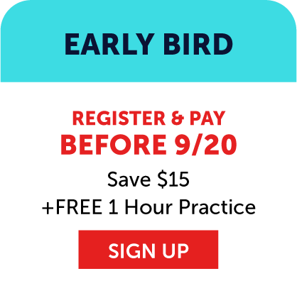 Promotional banner reading: Early Bird. Register & pay before 9/20 for Vetta Sports youth soccer league registration. Save $15 + Free 1 Hour Practice. A red Sign Up button is at the bottom. Blue and red text on a white background.