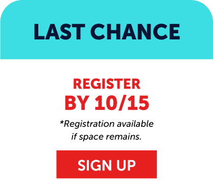 Blue banner with LAST CHANCE, red text REGISTER BY 10/15, and small print, Registration available if space remains for Vetta Sports youth soccer league registration. Red SIGN UP button at the bottom.
