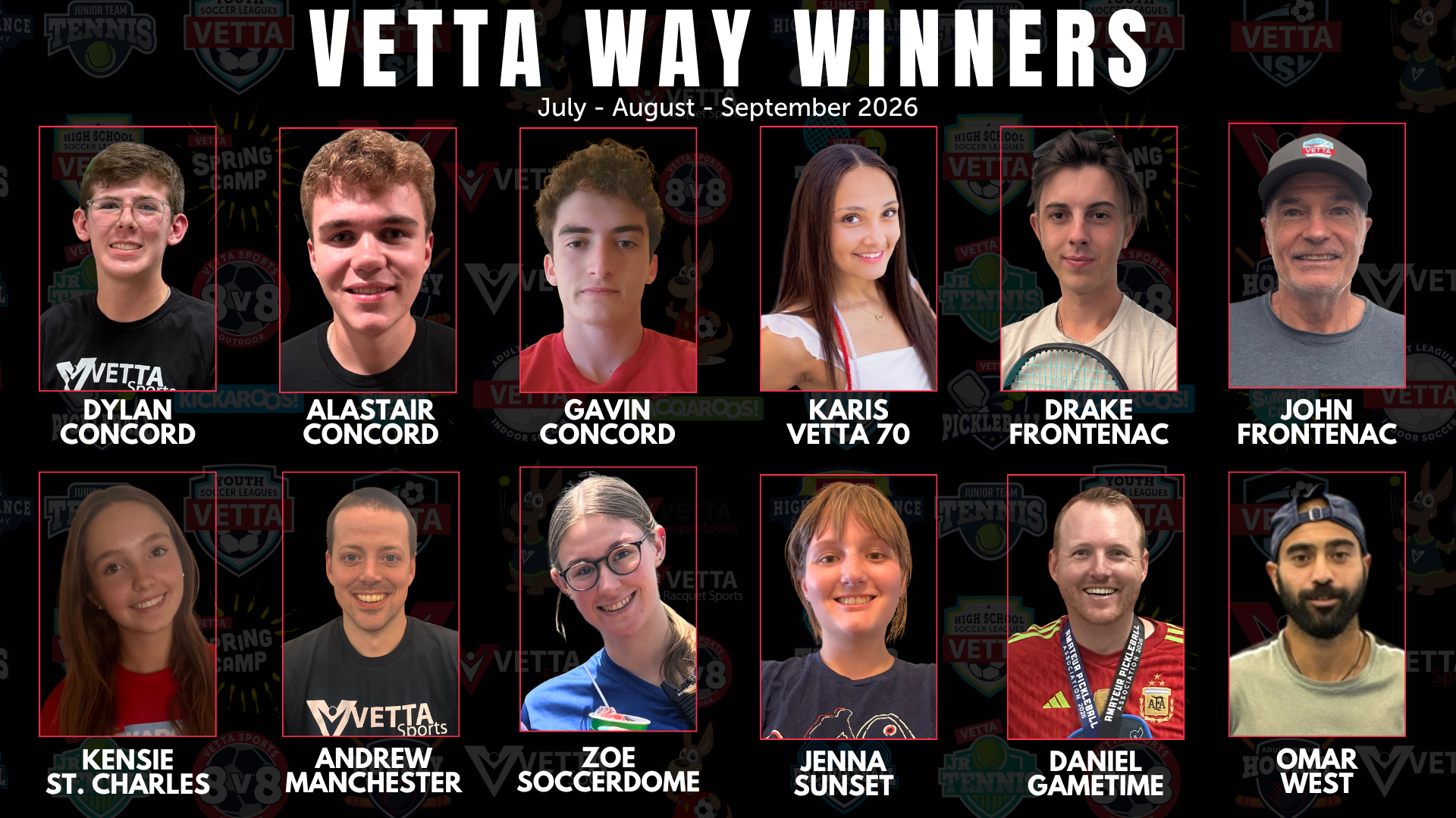 A collage of ten smiling people, each labeled with their name and location, under the title Vetta Way Winners January - February - March 2026 on a dark background with faint sports-themed logos.